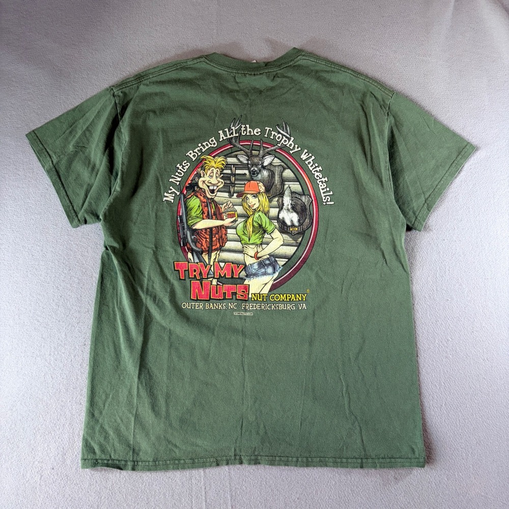 Try My Nuts Nut Company‎ T-Shirt Mens Large Green Hunting Graphic Whitetail Deer